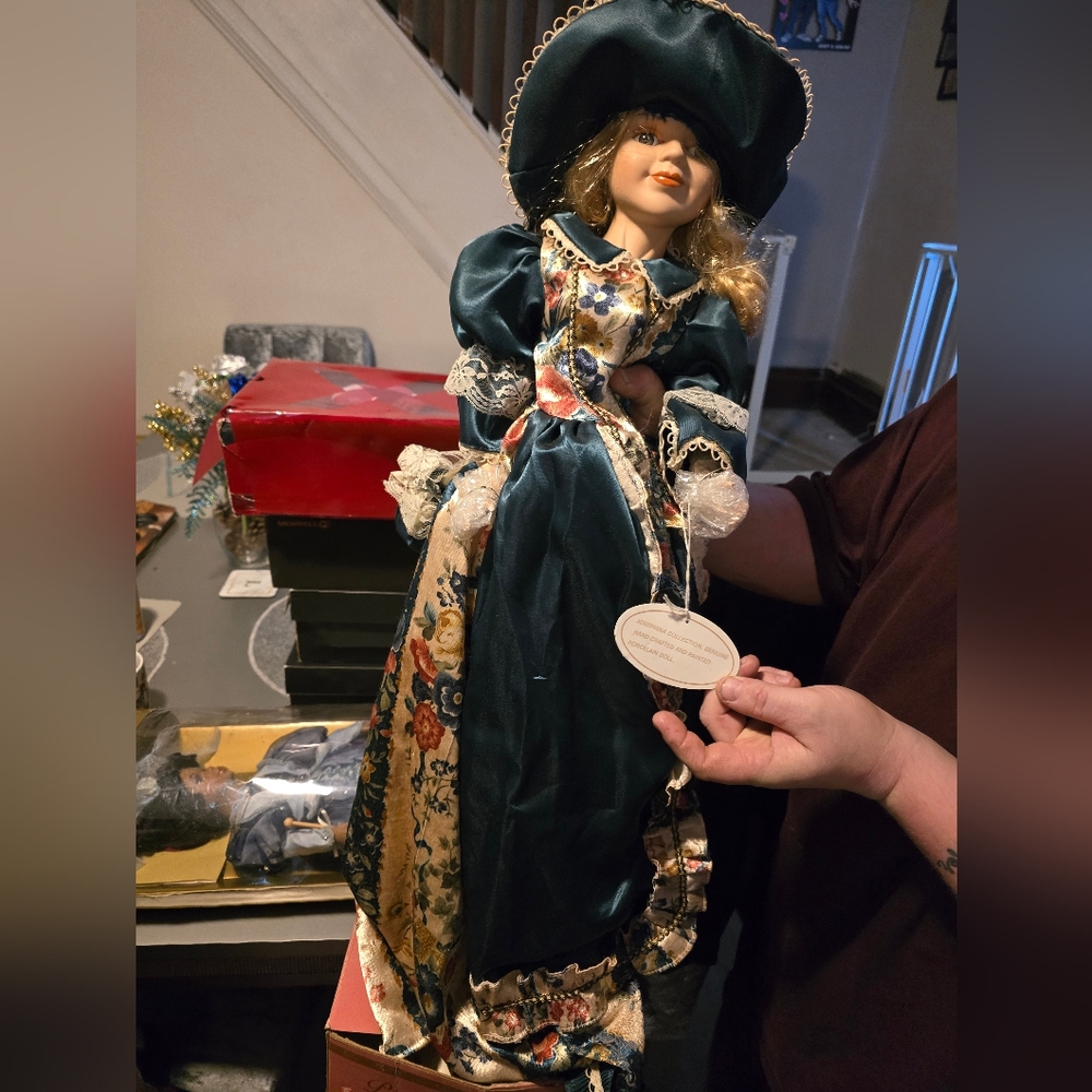 Elegant Victorian-Style Porcelain Doll in Teal and Floral Dress
